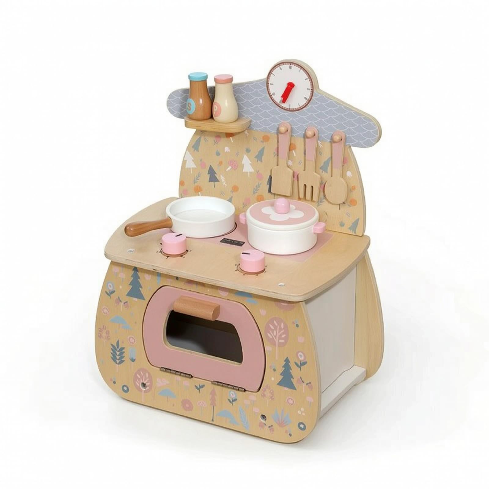 Colcolo Kinderküche Holz Spielküche mit Herd Backofen Kochfeld Pfanne Topf Küchenzubehör mit Knöpfen Und Spritzschutz aus Holz für Kleinkinder Spielzimmer Tagespflege
