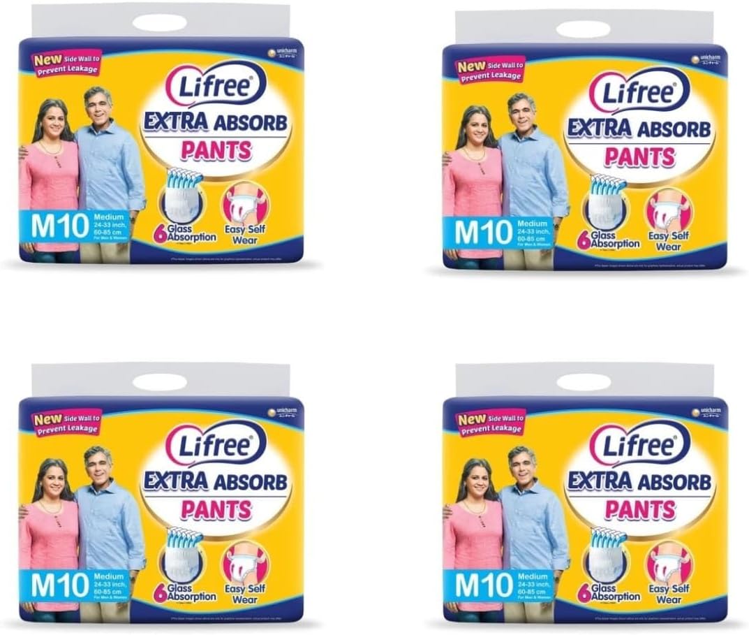 Lifree Absorbent Unisex Adult Diaper Pants (Medium, 24-33 Inch/60-85 cm) - Pack of 4