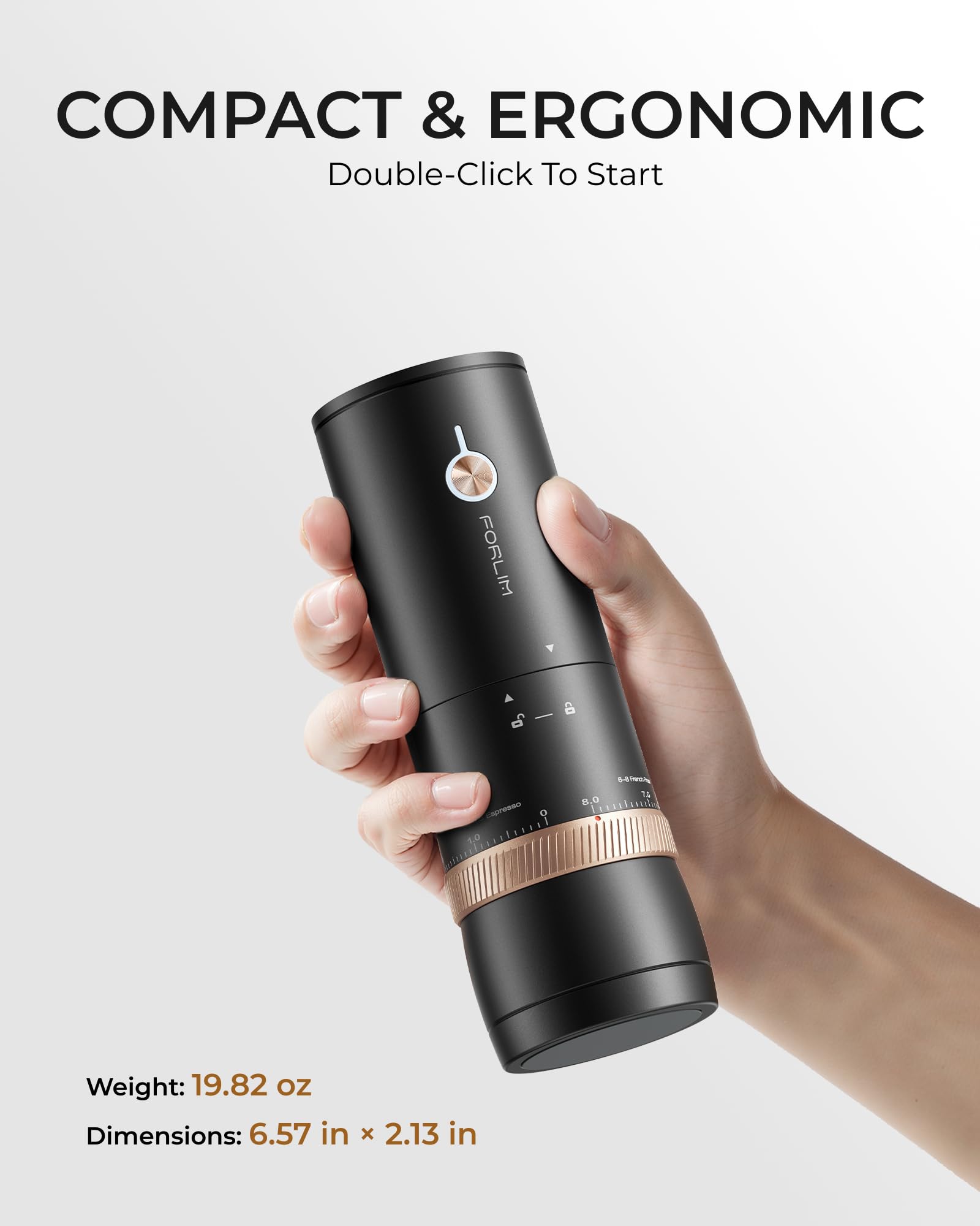 FORLIM Molinillo de café eléctrico portátil, recargable sin cable, rebabas cónicas de acero inoxidable con 80 ajustes precisos, dosis única, espresso, cafetera Moka, vertido