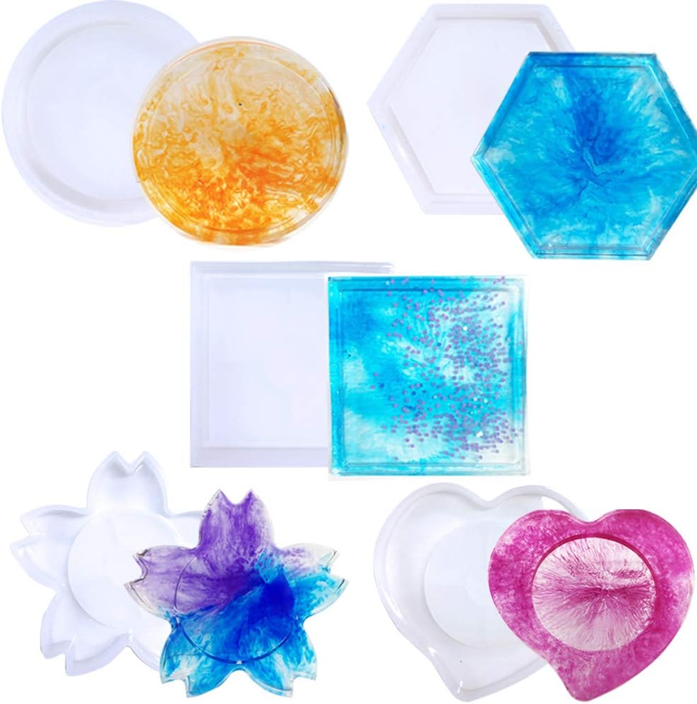 YZNlife 5 Pack Silicone Coaster Molds for Resin,Epoxy Casting Molds Including for Resin, Concrete, Cement, Home Decoration