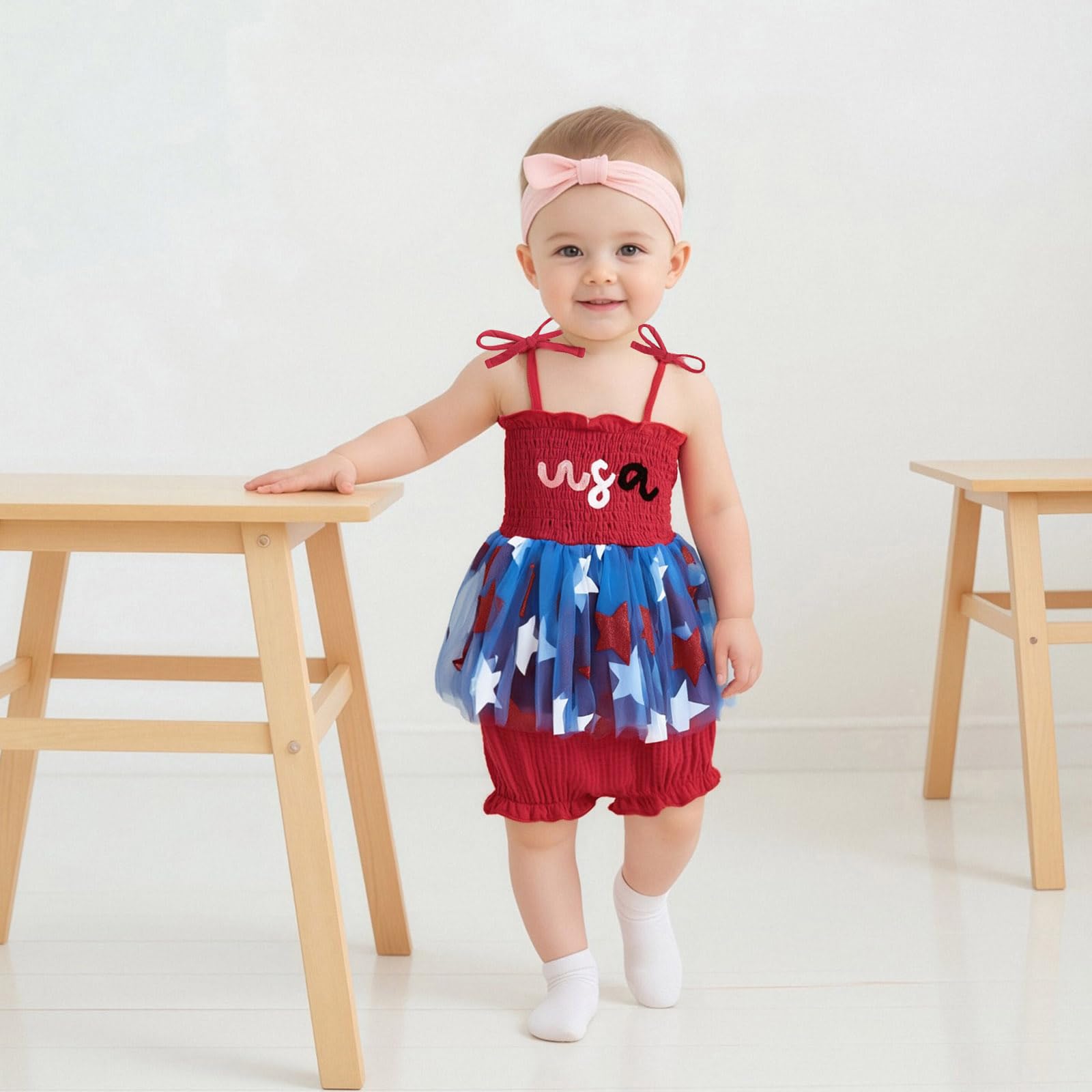 Gaono Toddler Baby Girl 4th Of July Outfit Sleeveless Tie Up Smocked Tank Top Ruffle Shorts Set Patriotic Summer Clothes (F-Red, 6-12 Months)
