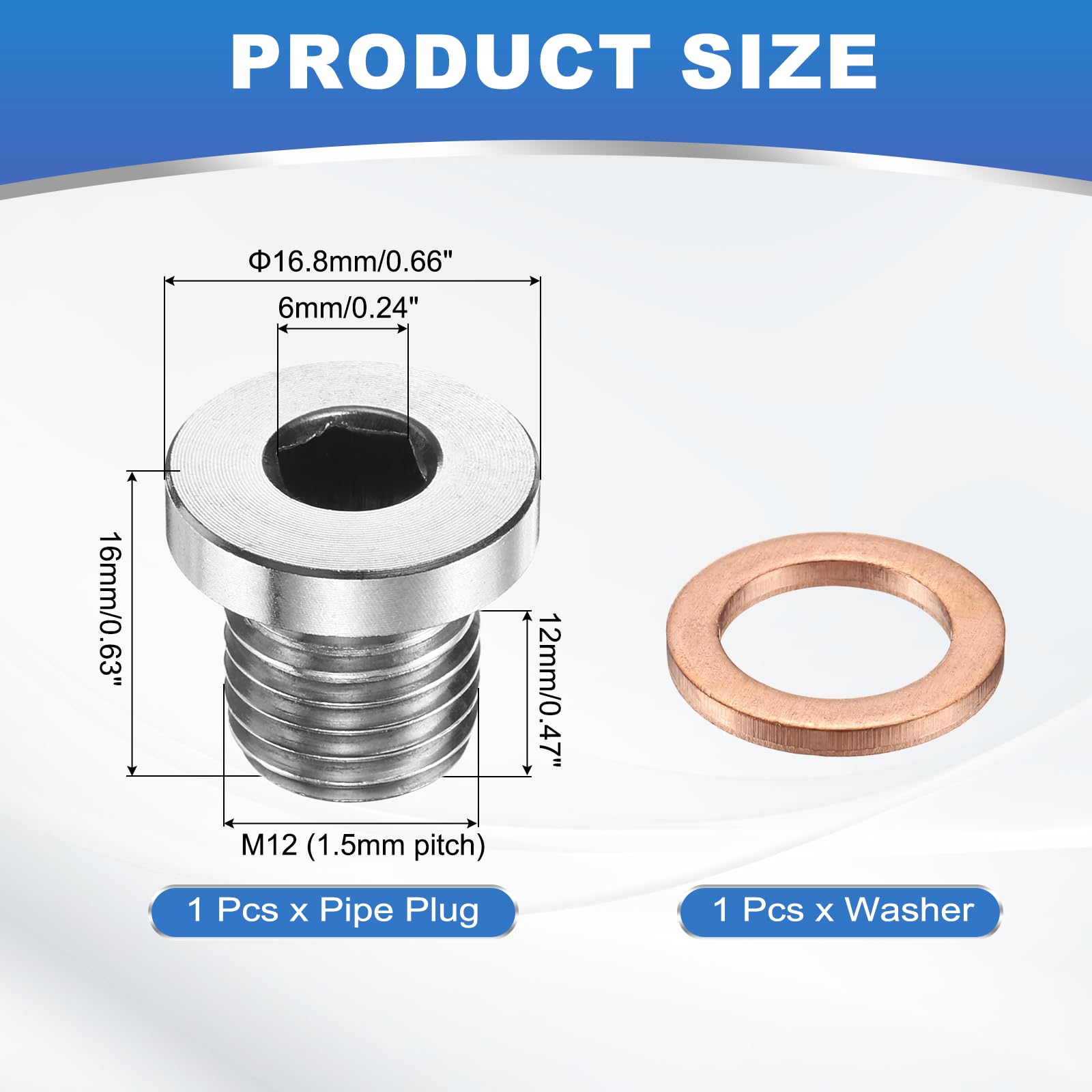 PATIKIL Tappo Filettato Metric M12 x 1.5 Testa Esagonale Interna In Acciaio Inox 304 Con Rame Per Tenuta Olio Gas Acqua