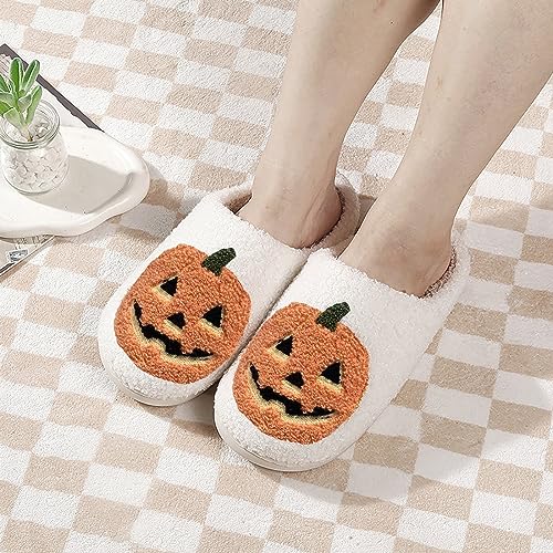 Halloween Pumpkin Slippers for Womens Mens Plush Warm Spooky Lantern Pumpkin Slippers House Shoes4