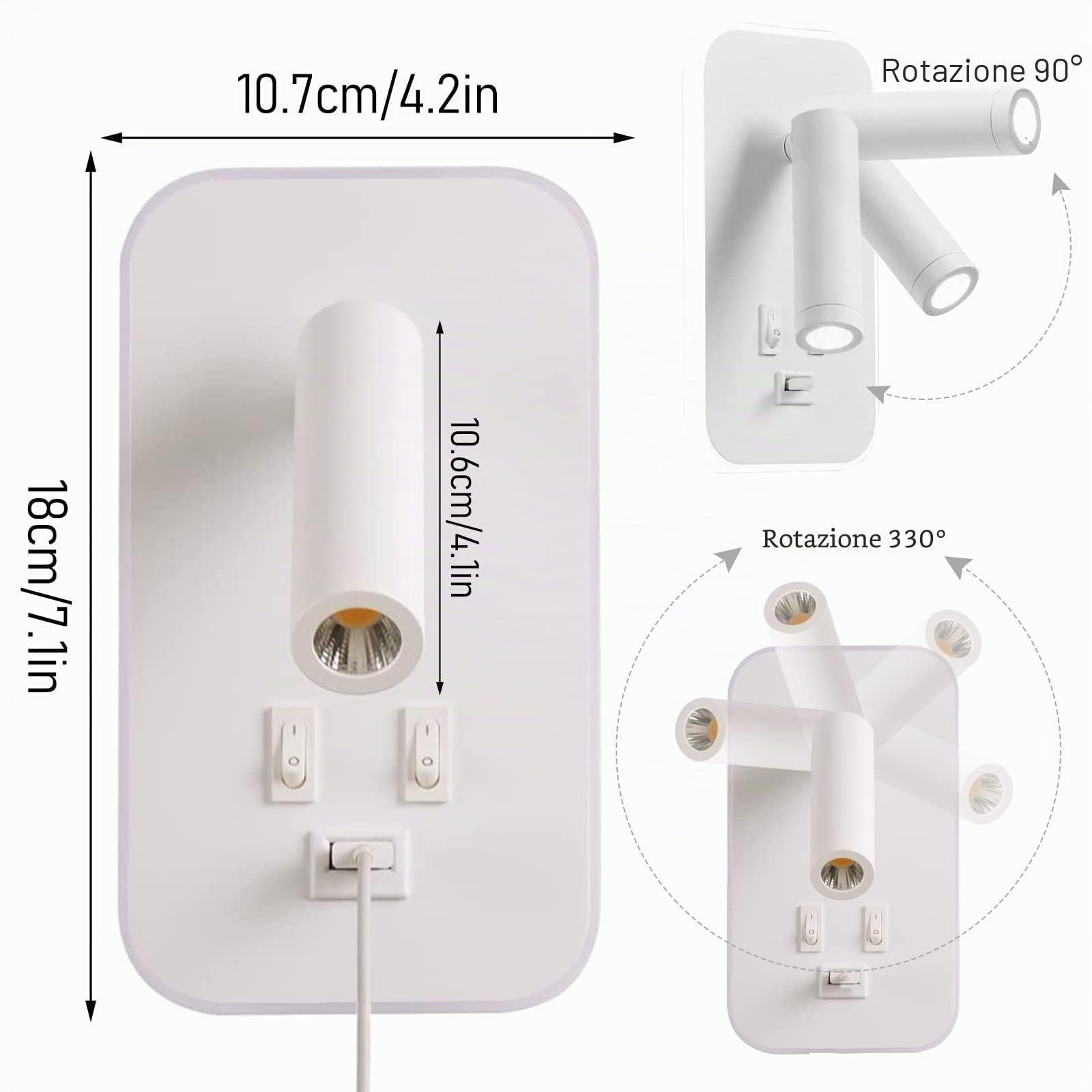 Weigudoc 2 x Lampada da parete a LED, luce di lettura accanto al letto, applique da parete regolabile, con porta di ricarica USB e interruttore, luci da parete del corridoio (bianco)