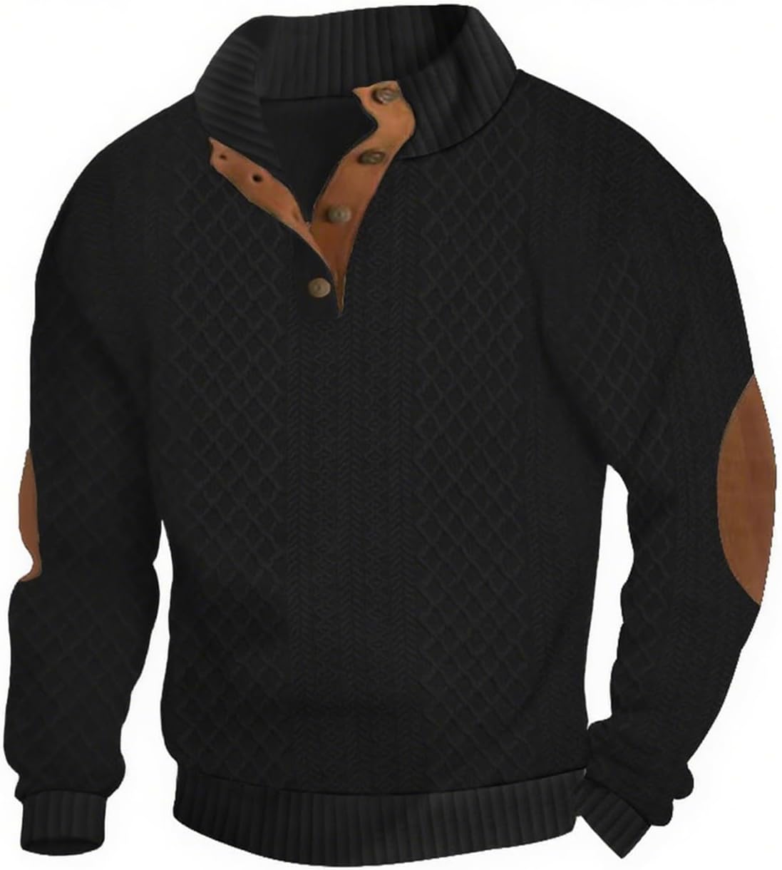 Lexiart Mens Casual Knitted Pullover Sweater Long Sleeve Stand Collar Vintage Button Sweaters with Elbow Patches