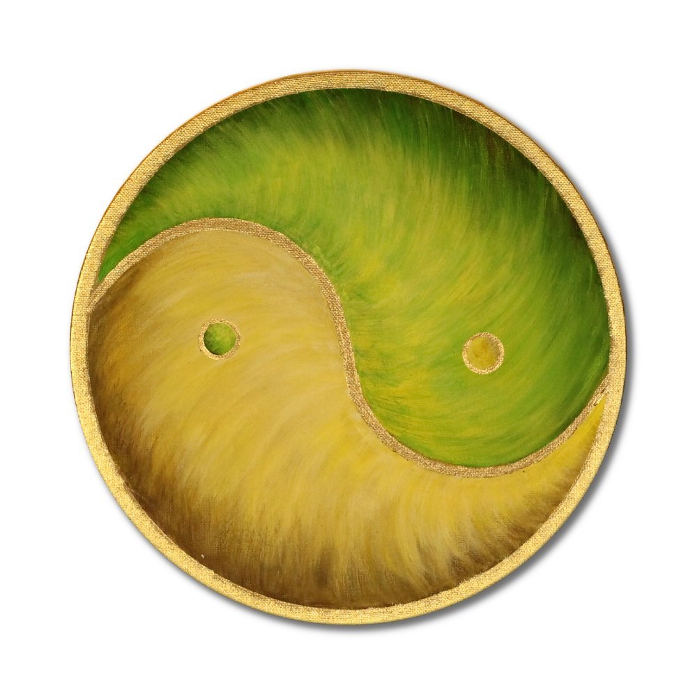 Handgemaltes Yin Yang Leinwandbild Rund (50 Cm) - Gold Auf Grünem Grund, Made In Germany