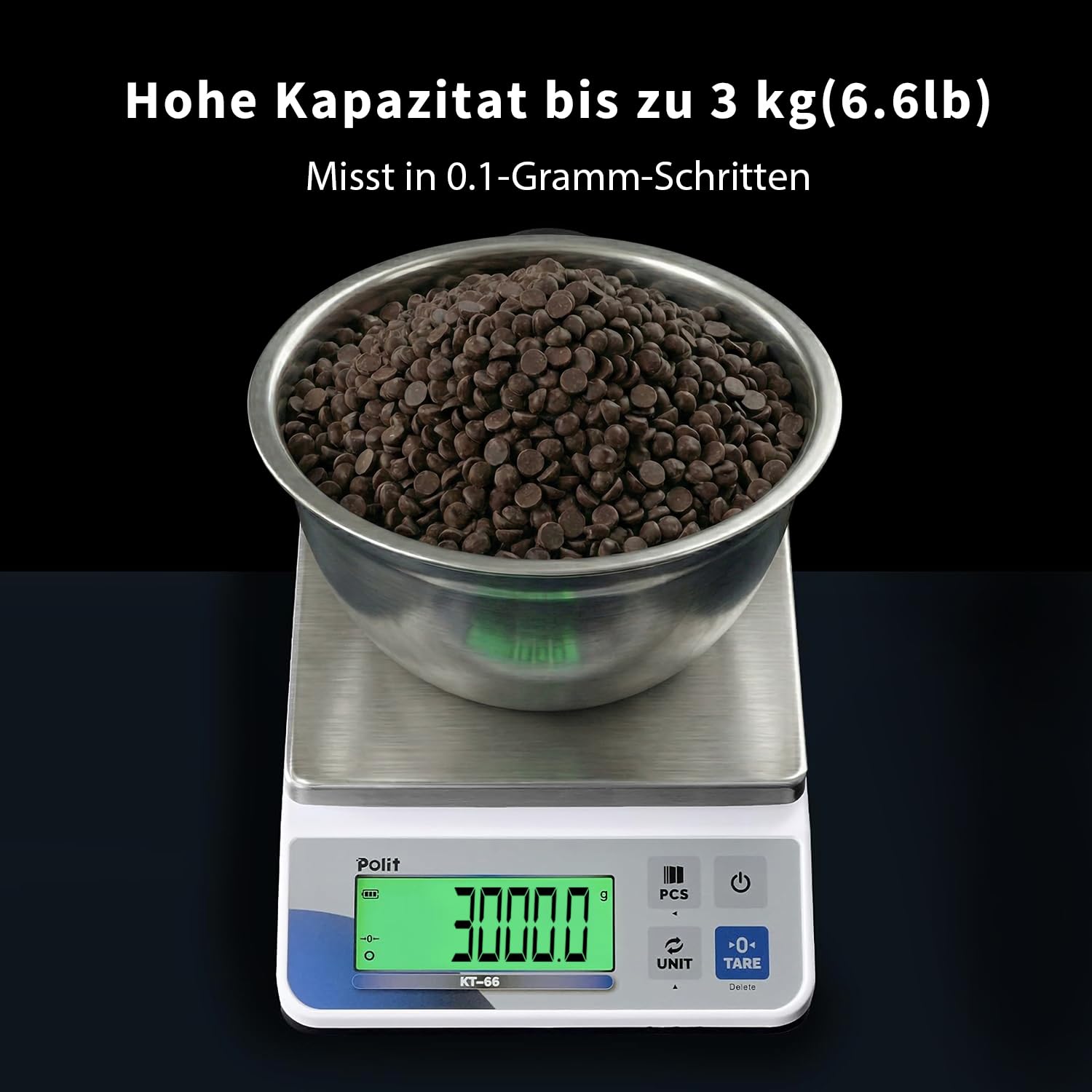 Polit Digitale Küchenwaage KT-66 3kg/6,6lb｜0,005oz/0,1g Präzision｜LCD-Display｜Batterie- oder Netzbetrieb｜Edelstahl-Oberfläche｜5 Einheiten für Küche, Backen & Versand