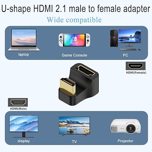 Miniatura 6 de QIANRENON Adaptador de pantalla en ángulo en forma de U HDMI 8K HDMI 2.1 macho a hembra 180 grados Ultra HD conector zócalo, compatible con 3D 8K