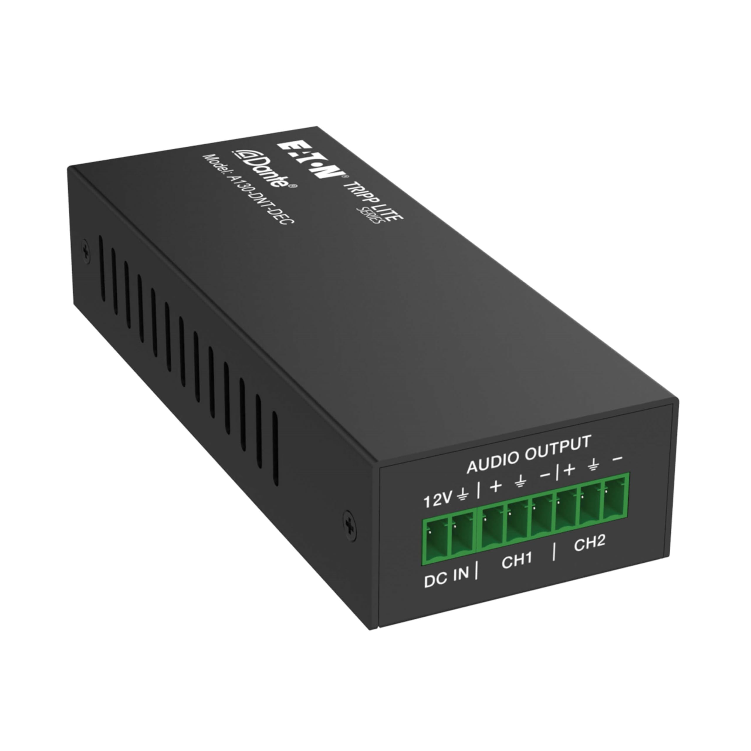 Eaton Tripp Lite Series Dante 2-Channel Analog Audio Decoder with PoE Power Supply Option up to 100 Meters (328 ft), Phoenix Connector, PCM 2.0 44.1kHz/48kHz/96kHz up to 24 Bit (A130-DNT-DEC)