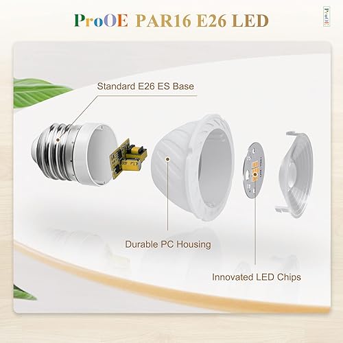 Miniatura 6 de DiCUNO Bombilla LED PAR16 de 5 W, equivalente a halógeno de 50 W, blanco cálido de 3000 K, alto CRI 98, 100-240 V, base E26, 400 lúmenes, foco no