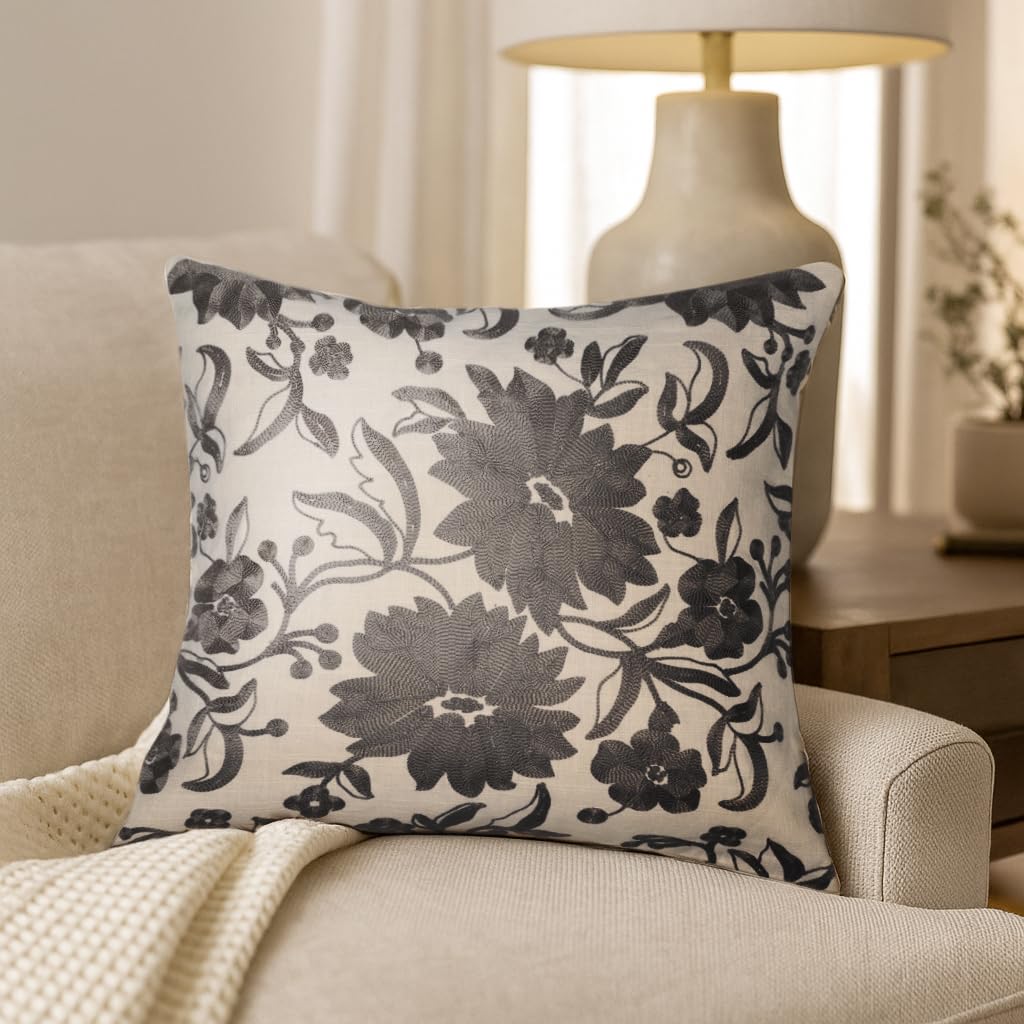Wakefit Designer Cushion Cover | 16x16 inch | Heavy Embroidery | Cotton Fabric on Both Sides | Pack of 1 | Morning Petal Grey