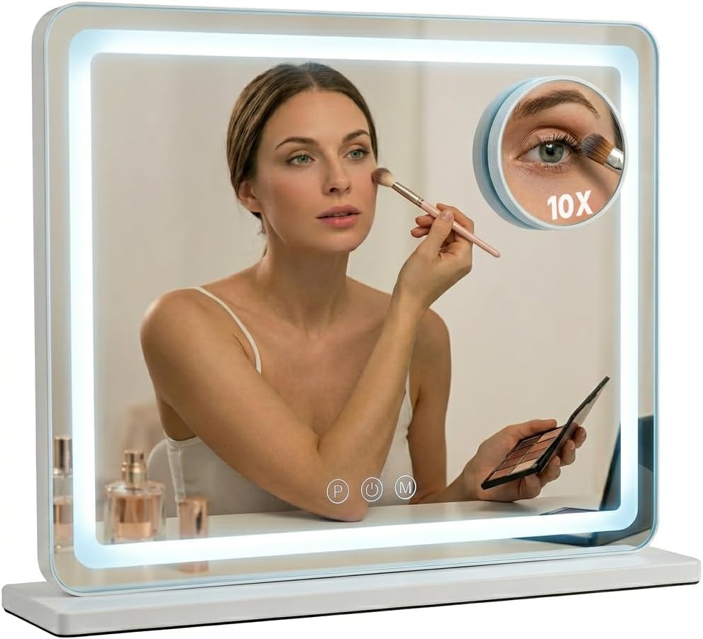 Vanity Mirror with Lights, 12" x 16" Lighted Makeup Mirror with Smart Touch Control, LED Makeup Mirror with 3 Color Lighting Modes, 10X Magnification, 360° Rotation for Tabletop - White