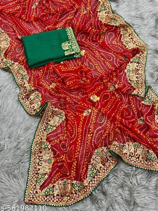 Image of Women's Georgette Bandhani Printed Embroidery Saree with Unstitched Blouse Piece