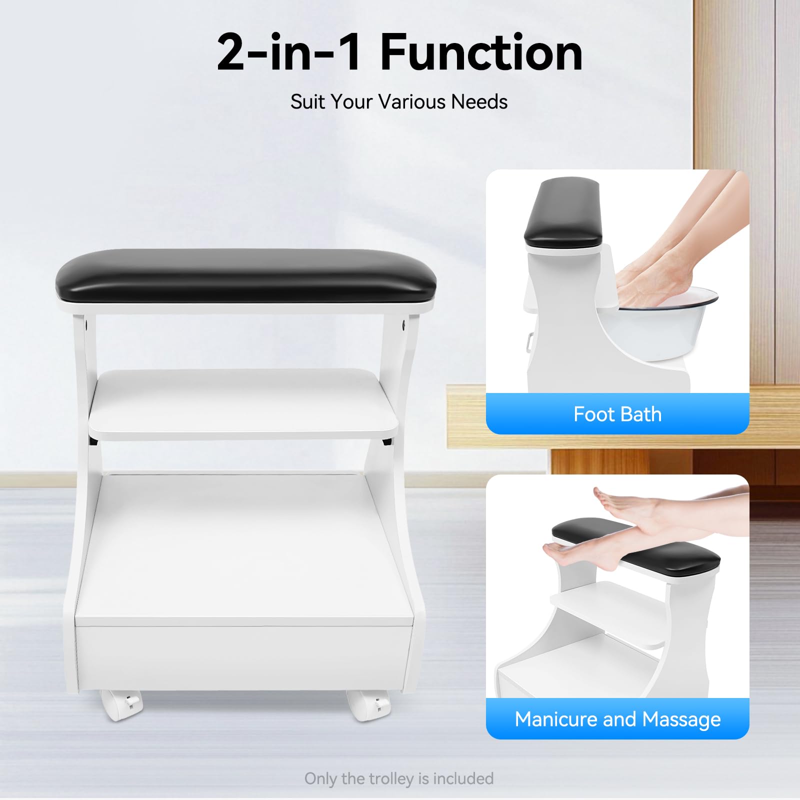 Taburete pedicuro, taburete con reposapiés, mueble rodante para cuidado de los pies, con bandeja y almacenamiento, ideal para salón de belleza y uso doméstico profesional (Lanza, Negro)