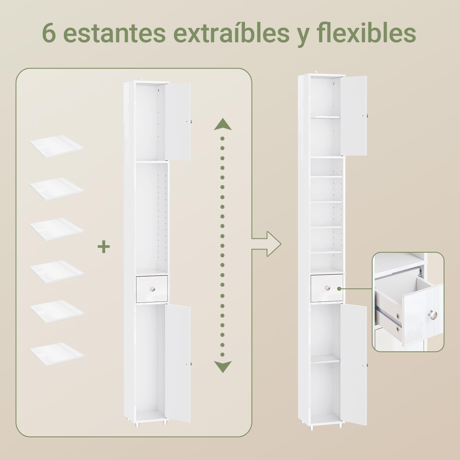 SoBuy Blanco Brillante Mueble Baño Estrecho Armario Columna 20x20x180cm | Estantería de Baño Alta con Cajón y Balda Ajustable Armario Auxiliar BZR167-GW