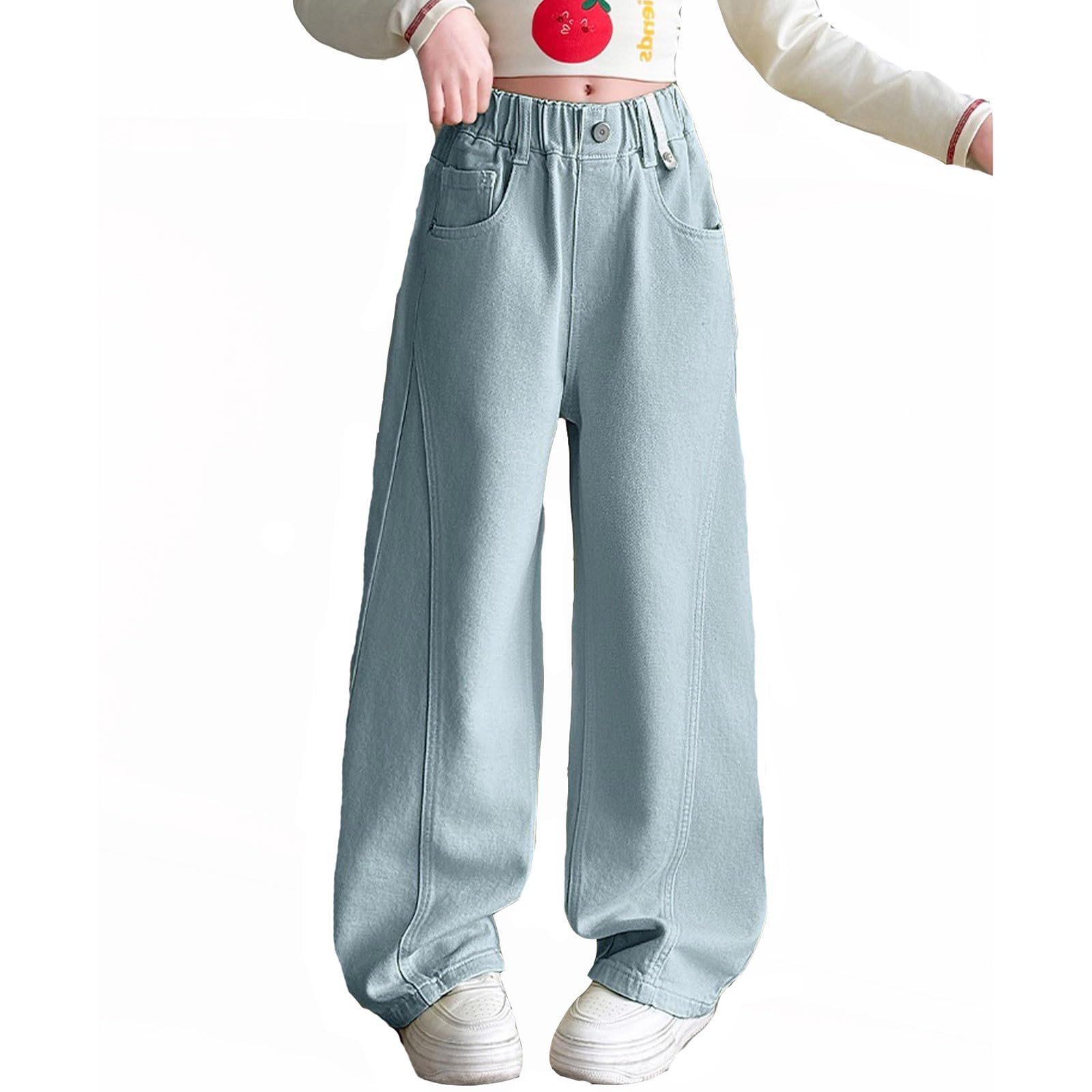 Jean Baggy Enfant Fille Ete Taille Elastique 4-12 Ans été Pantalon Denim Jambe Large Ado Fille Ample a La Mode Confortable Pas Cher Chic École Casual Vacances