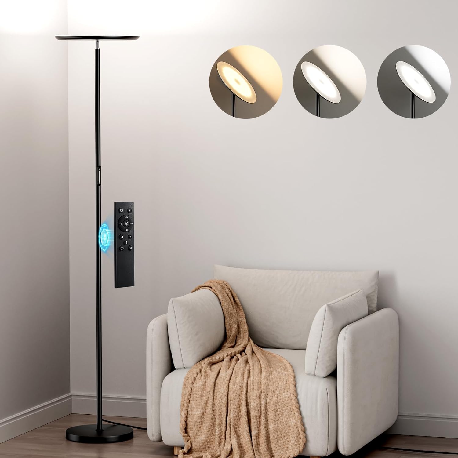 Modern LED Floor Lamp - Remote & Touch Control, 40W/2400LM Sky Torchiere Standing Lamp, Fully Dimmable, 3 Color Temperatures, Ideal for Living Room & Bedroom, Easy to Assemble Black Large