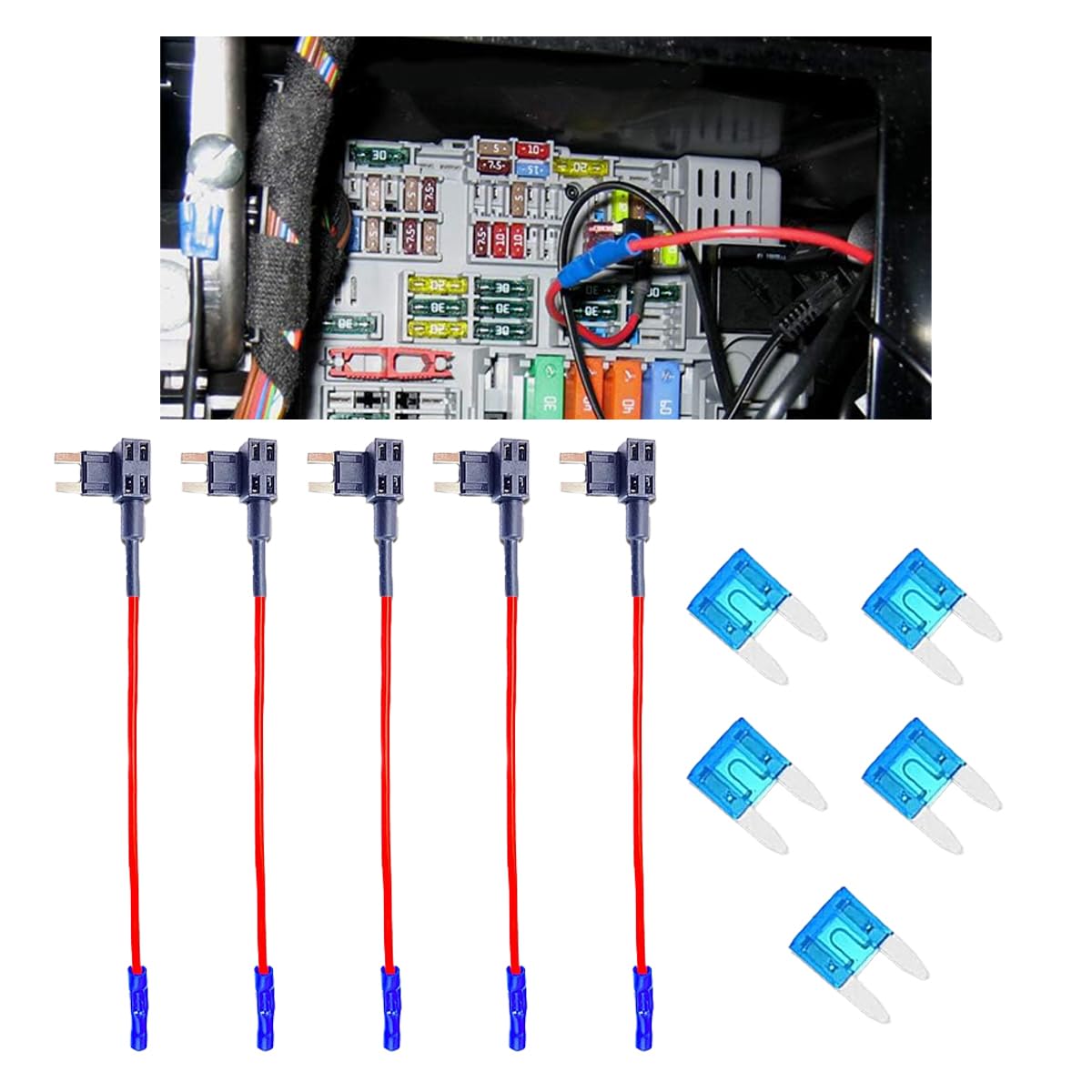 5 fusibles de circuito adicional de 12 V para automóvil, adaptador de grifo de fusible automotriz, mini portafusibles ATM ATO, juego de fusibles con 4 insertos de 15 A, fusible de circuito adicional