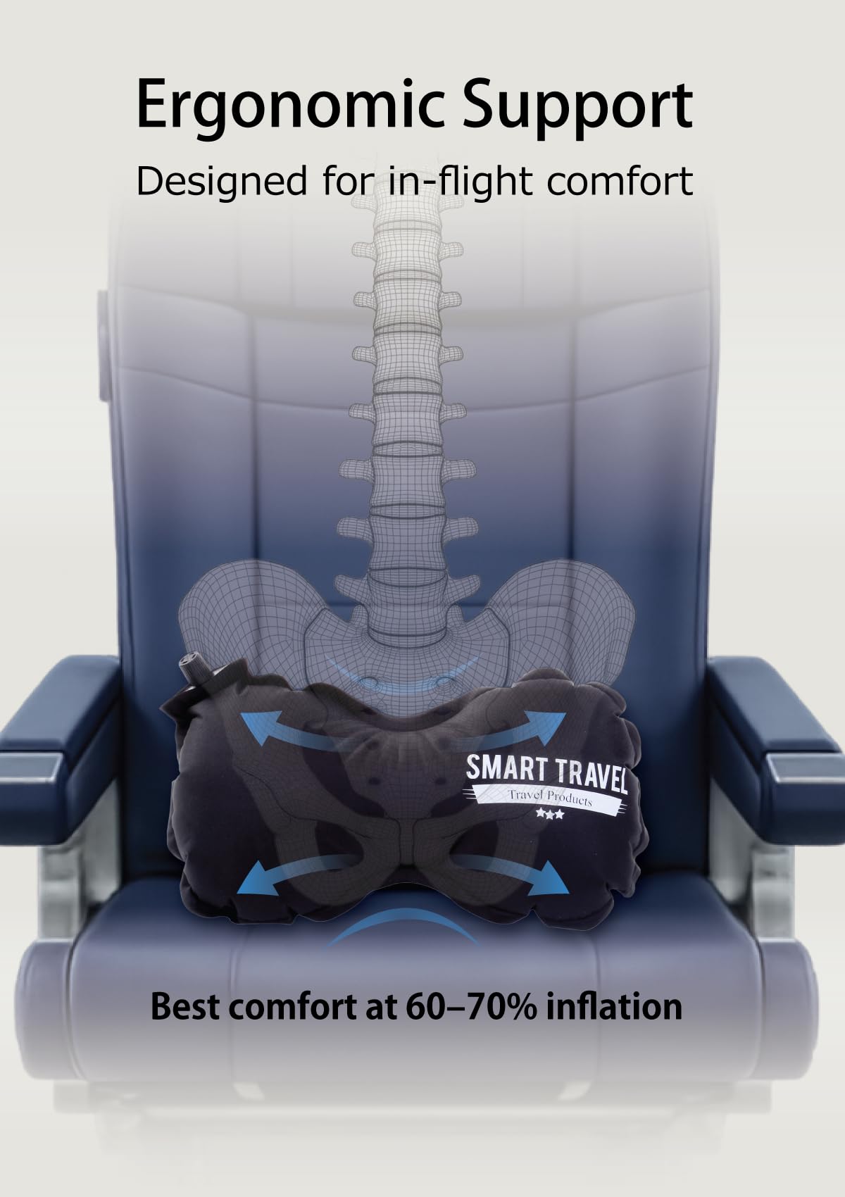 SmartTravel Travel Products Aufblasbares Lendenwirbelstützkissen für Flugzeug & Büro - Festes, verstellbares Rückenkissen für lange Flüge