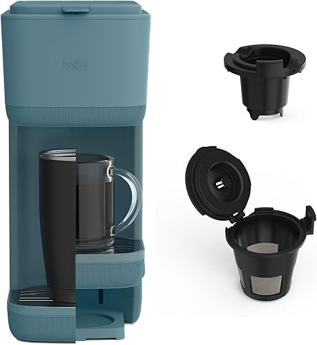 BELLA Cafetera individual, para cápsulas K-Cup y café molido, bandeja de goteo ajustable y removible, apagado automático y accesorios aptos para