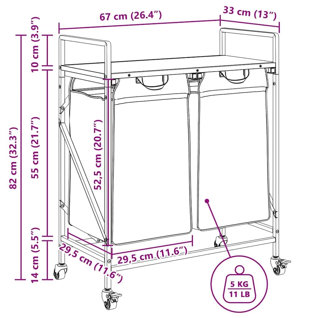 Wäschekorb mit 2 Fächern, Rollen, Räuchereiche, sortierer, platzsparend, mit Deckel, faltbar, für Bad, Schlafzimmer, Waschküche, Kinderzimmer, Haushalt, mit Griff und Trennsystem