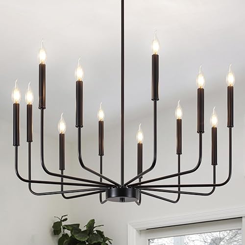 Candelabro negro de 12 luces de granja para comedor, lámparas rústicas industriales, candelabros modernos colgantes para cocina, sala de estar,