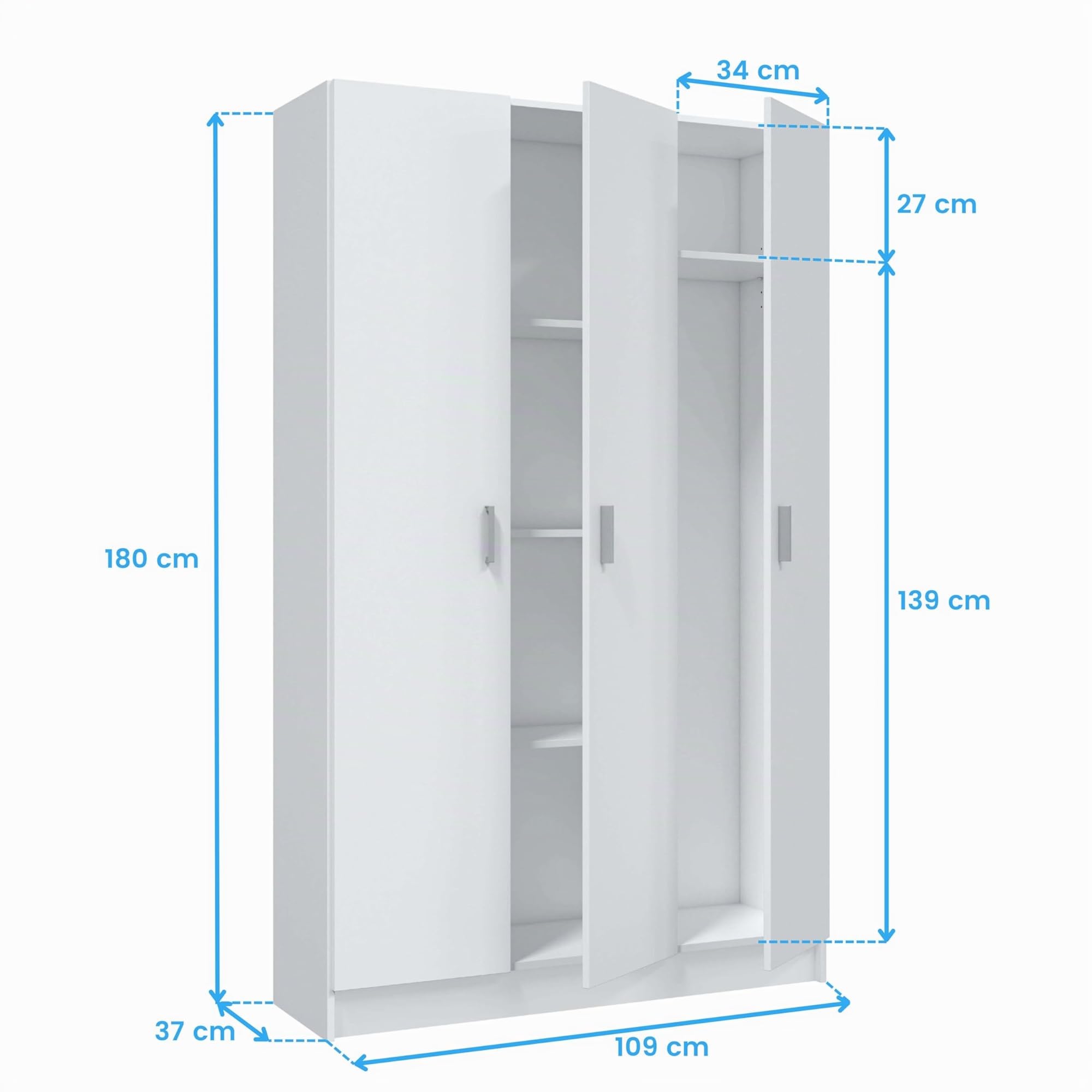 Habitdesign Armoire Multifonction 3 Portes 4 étagères 180 x 109 x 37 cm (H x l x P) Blanc Mat