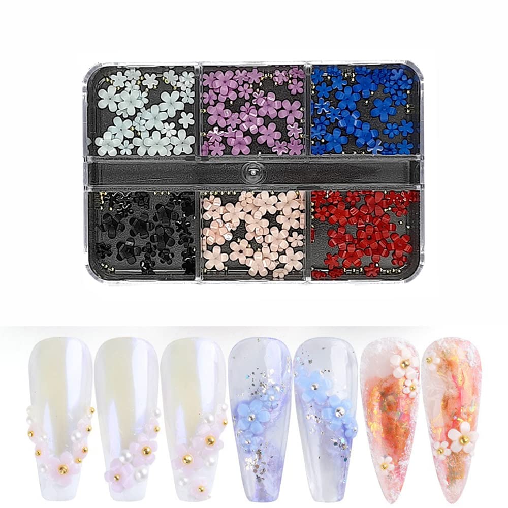S.A.V.I 3D Five Petal Flowers, Golden Metal Beads Balls, Caviar Decorations Accessories, Nail Art Manicure DIY, 6 Grids