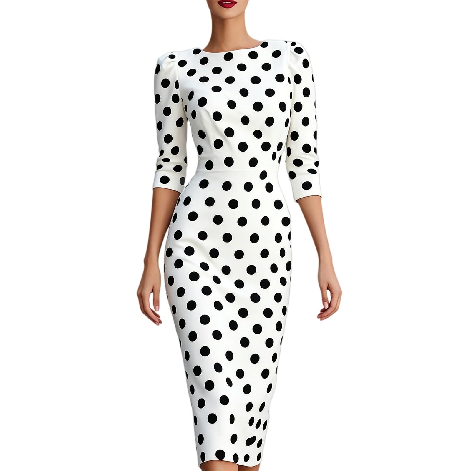 Abito estivo da donna, lunghezza al ginocchio, elegante, linea ad A, a pois, con maniche a 3/4, stile urbano, classico, slim fit, scollo rotondo, abbigliamento da lavoro per anziani