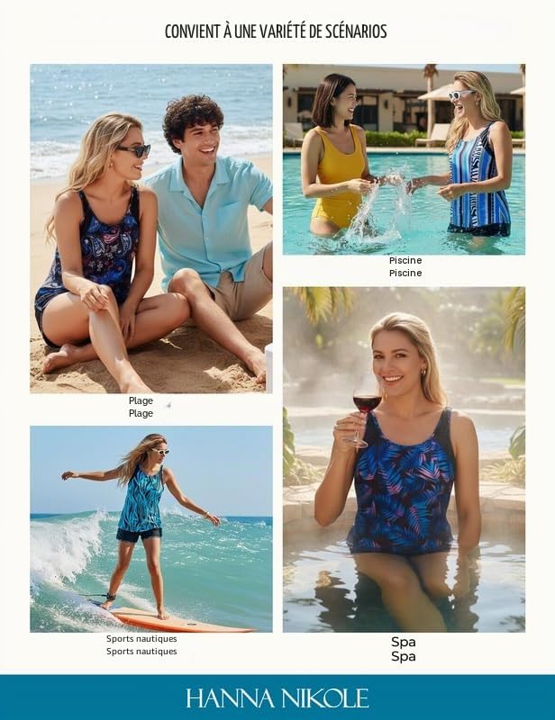 Hanna Nikole Tankini pour femme - Maillot de bain 2 pièces push-up - Maillot de bain et culotte intégrée - Taille haute - Avec poches - Maillot de bain réglable