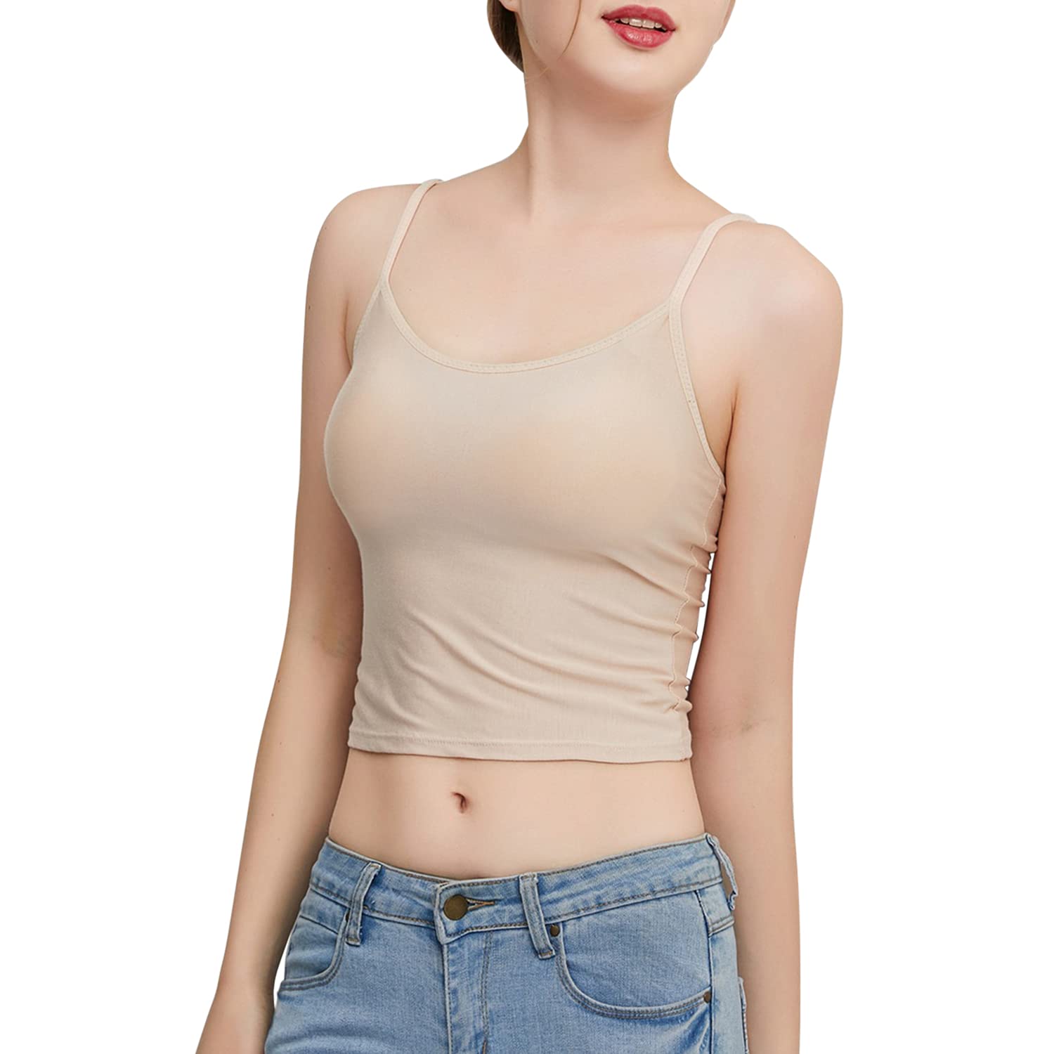 StarTreene Casual Camisole Vest Tops for Women UK Spaghetti Strap Cami Crop Tops with Built in Bra Padded Beige