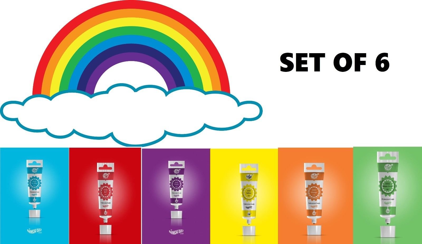 RAINBOW Dust ProGel Gel Paste Food Colouring - Set 6 Pack & Single Pot of Cupcake Avenue Edible Glue 30ml