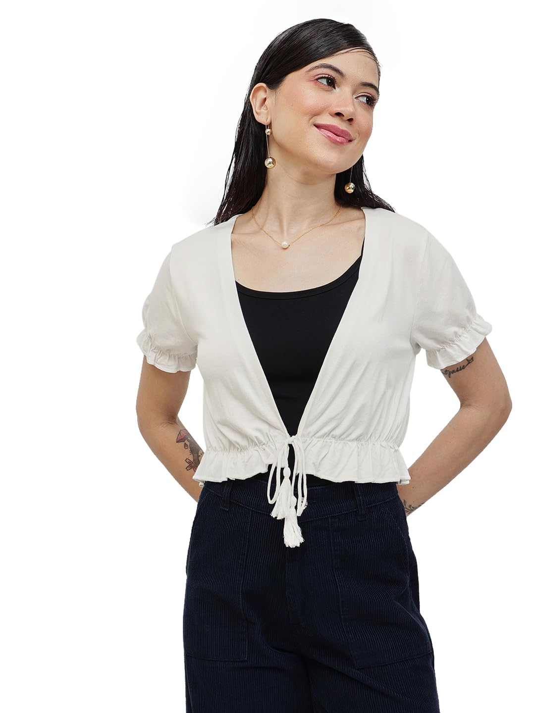 Women 100% Viscose Gathered Sleeve Front Bottom Tie Up Shrug