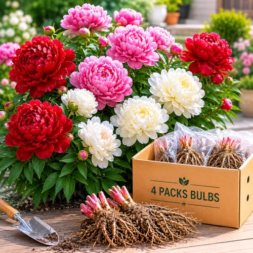 Jumbo 4 Pack Colorful Red White & Pink Peonies Flower Bulbs Bare Roots Collection - Attracts Butterflies Bees & Hummingbirds - These Double Blooms Measure Over 7 inches in Diameter - Great Gift!