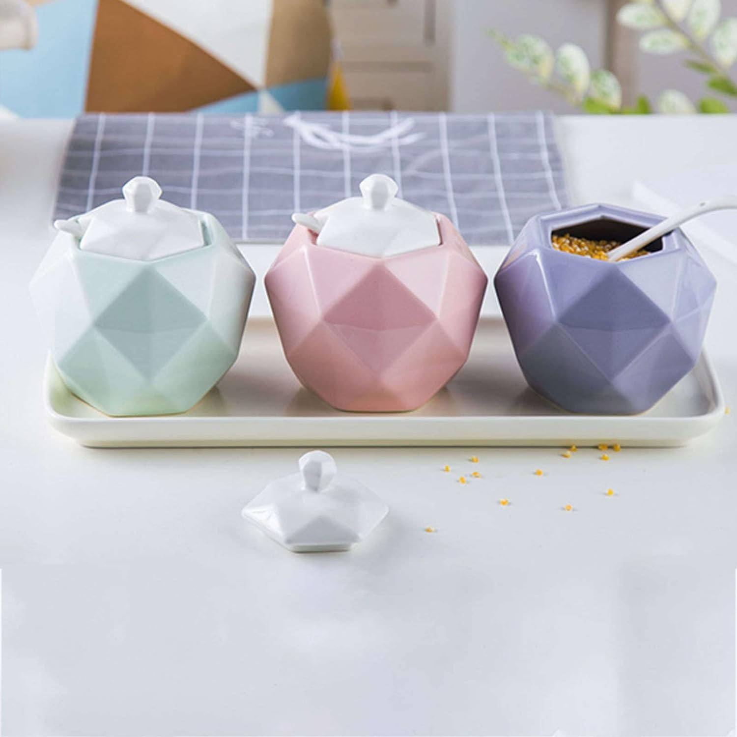 EPASHA シュガーボウル、/蓋付き北欧シュガーボウル、カラフルストレージジャー、無地磁器シュガーポット、ソルトポット、コーヒーバ