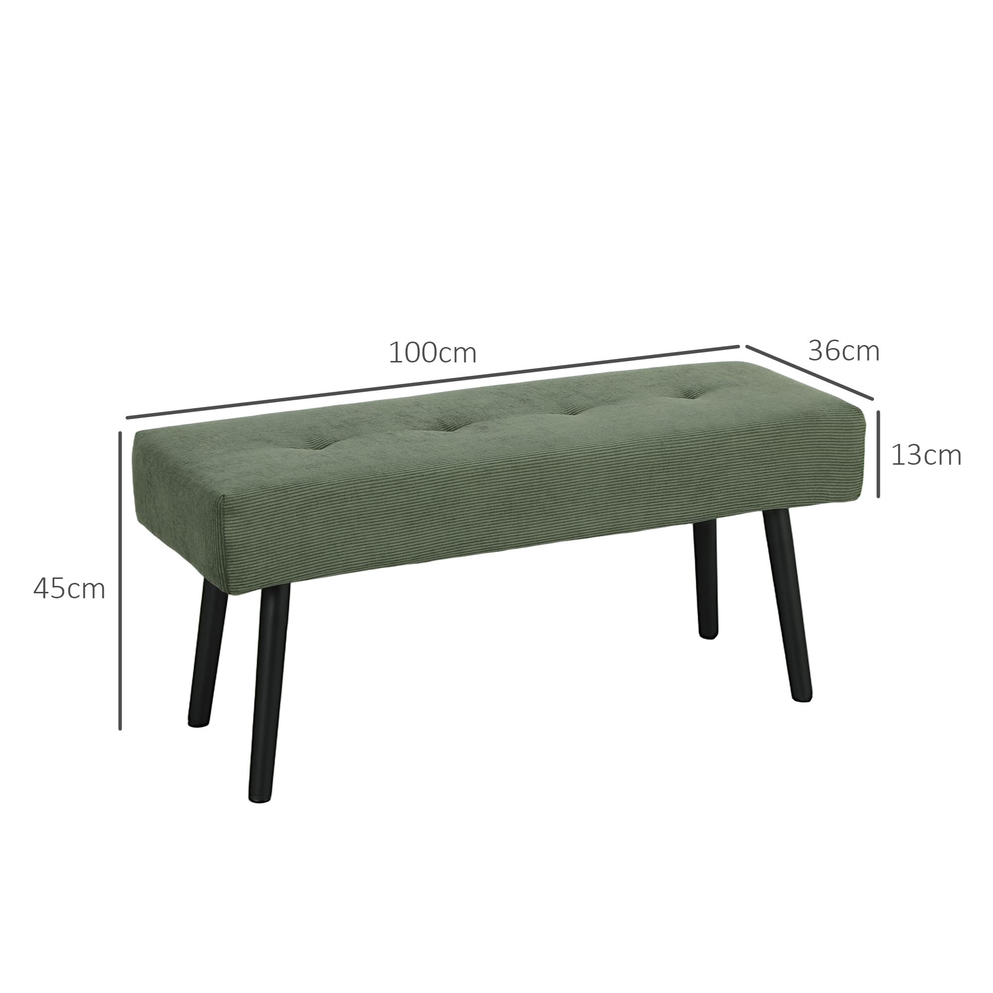 HOMCOM Banc Banquette Moderne Bout de Lit Rembourré 100 x 36 x 45 cm Vert | Velours Côtelé, Pieds en Acier Noir, Idéal pour Entrée Salon Chambre, Charge 220 Kg