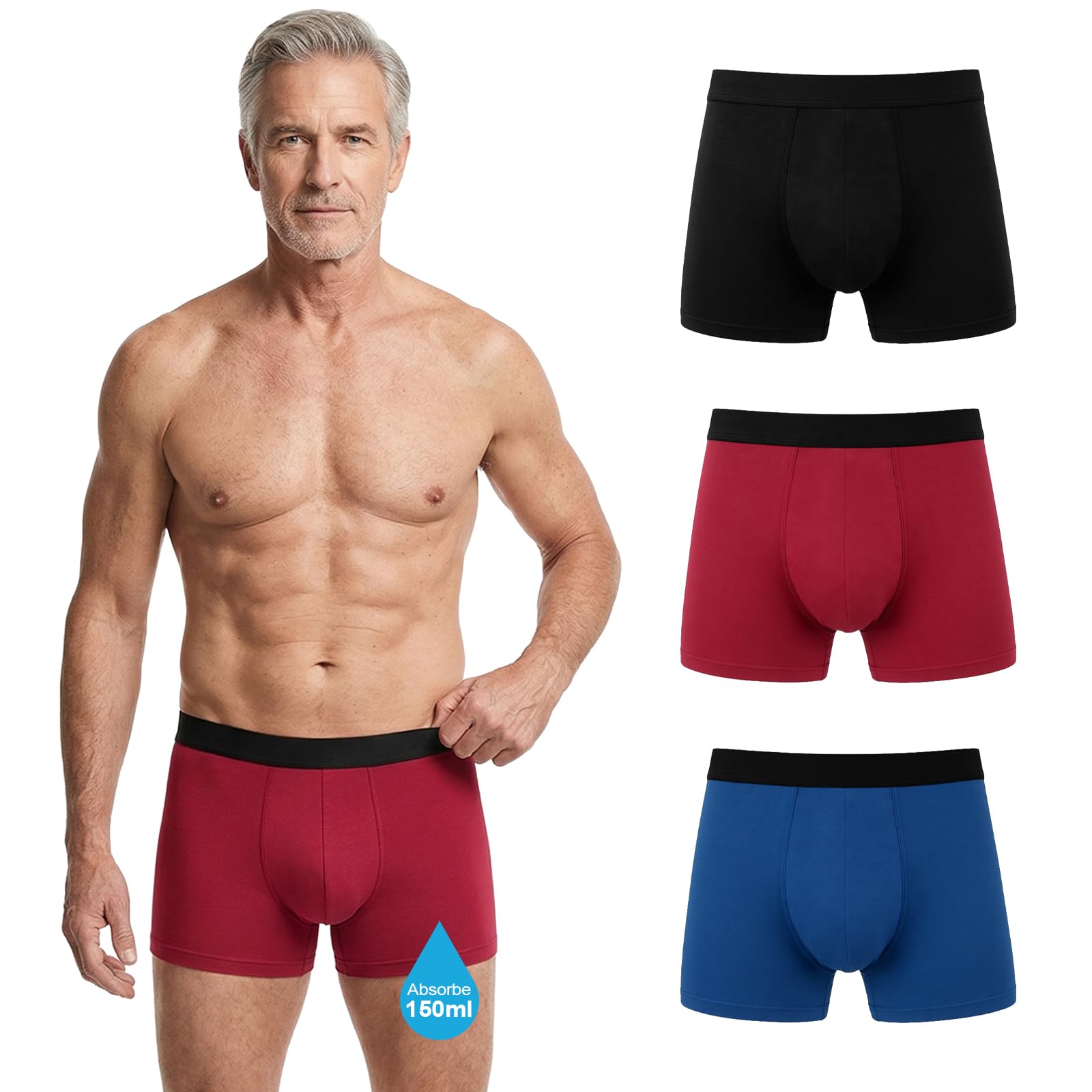 Hellomamma Boxer Incontinence Homme Lavable: Calecon pour Homme Fuite Urinaire – Sous-Vêtements en Coton Absorbants et Réutilisables avec Protection Anti-Fuite 150 ml pour Seniors Lot de 3 XXL