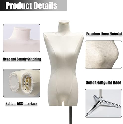Miniatura 3 de Female Tailors Dummy Female Mannequin Torso with Stand, Mannequin Body Dress Form with Metal Tripod Base Height Adjustable 47-75 inches Tailors