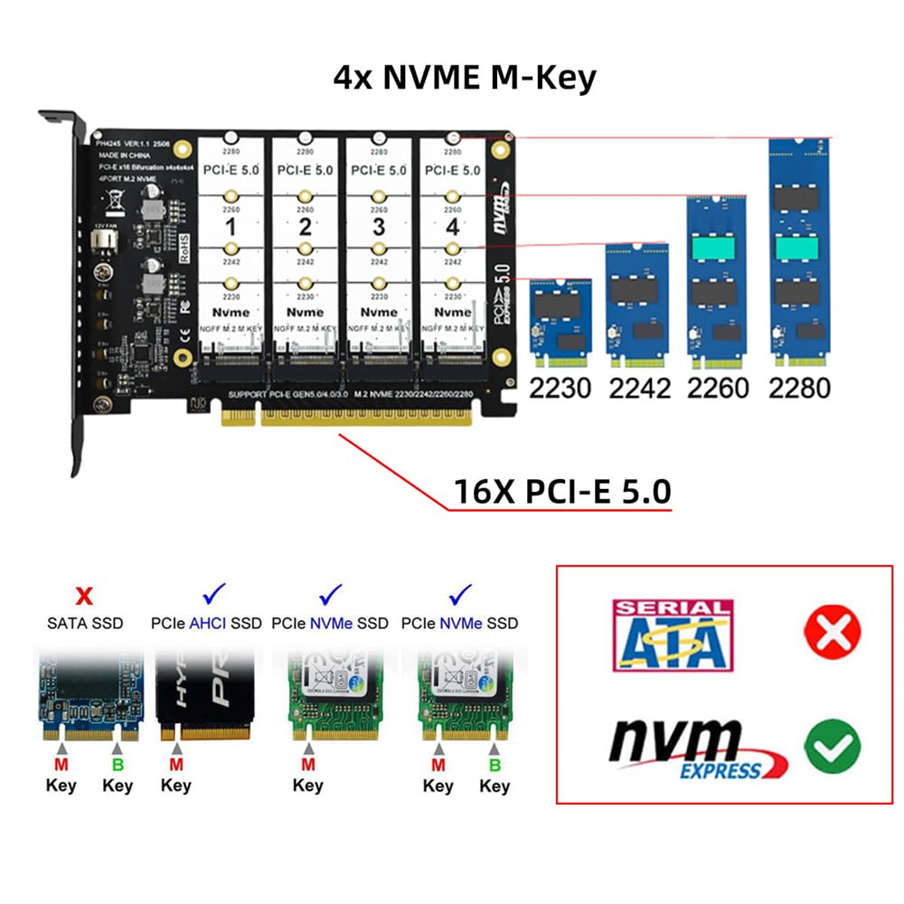 Card 4X NVME M.2 NGFF SSD to Detachable Bifurcation PCIE Express 5.0 Gen5 Gen4 X16 Raid Card VROC Raid0 Hyper Adapter