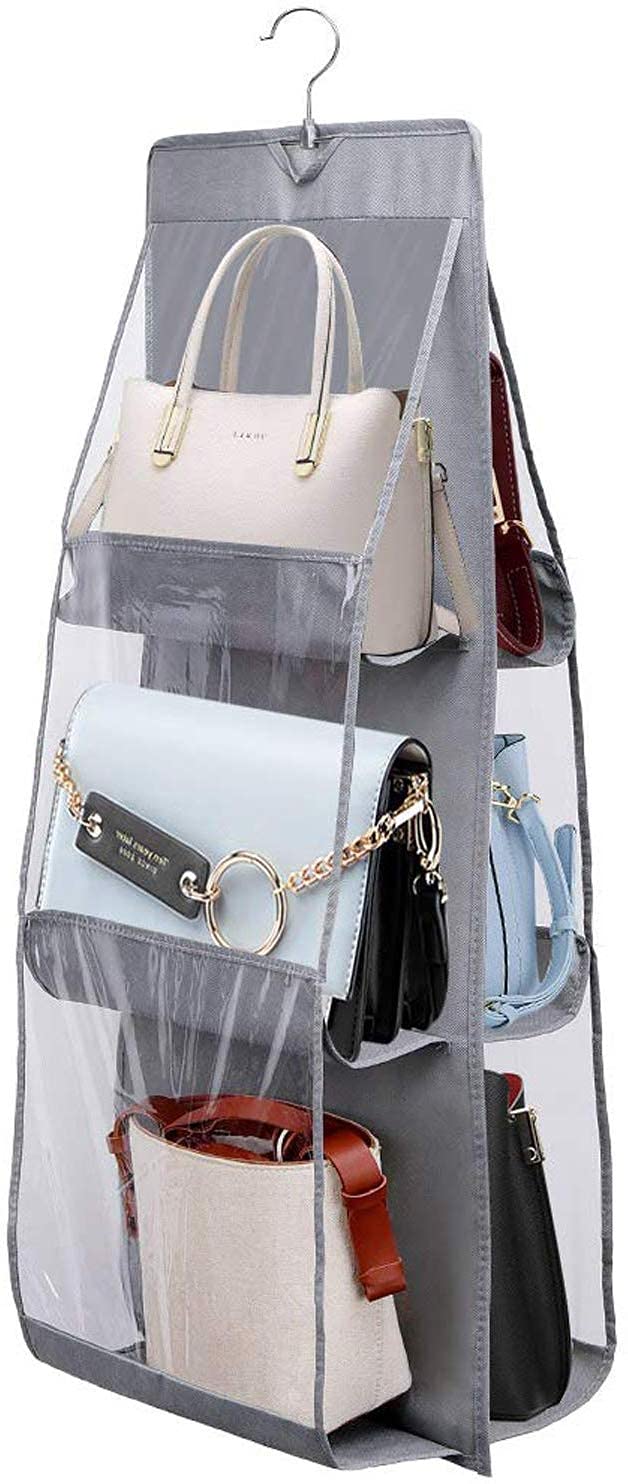 Monika Seller 6 Pocket Foldable Hanging Purse Handbag Organizer for Storage Ladies Women Large Clear Hand Bag Storage Organizer (Grey)