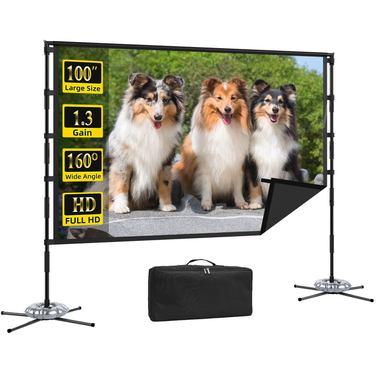 Outdoor Projector Screen and Stand,XINLEMY 100-inch Portable Wrinkle-Free Indoor Projection Screen Foldable Black Backing 16:9 HD Movie Screen Setup