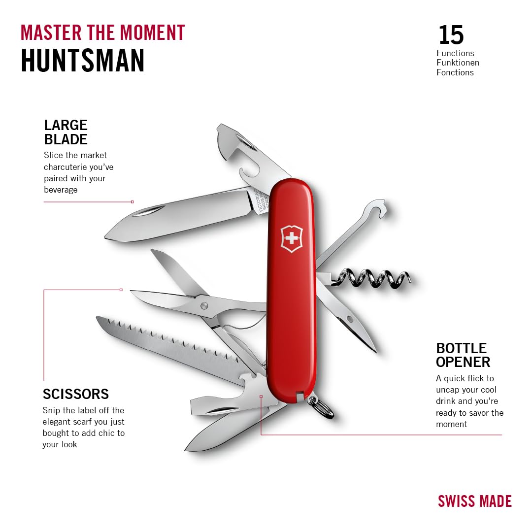 Victorinox Taschenmesser Huntsman (15 Funktionen, Schere, Holzsäge, Schraubendreher) rot & Dual-Messerschärfer, Tragbar, Schleifstein für Grobschliff, Keramikplättchen für Feinschliff