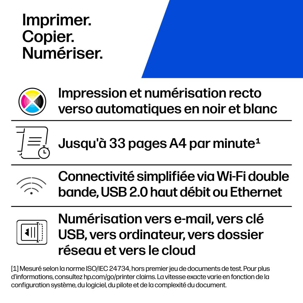 HP Color LaserJet Pro MFP 4302dw, 4RA83F, Imprimante Multifonction A4, Impression Recto Verso Automatique, 33 ppm , USB, Wi-Fi, Ethernet, Copie, Numérisation, ADF, Écran tactile 4,3", Bleu