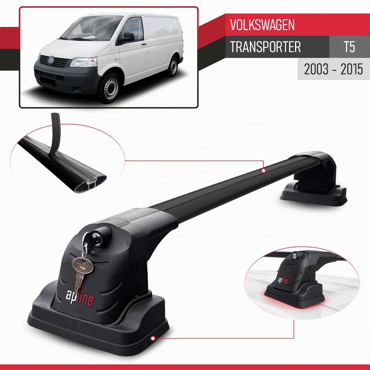 MDAK Compatible con Volkswagen Transporter (T5) 2003-2015 Modelo Ace-3 Barra de Techo Auto Portaequipajes Barras Transversales Negro Aluminio 2 Barras