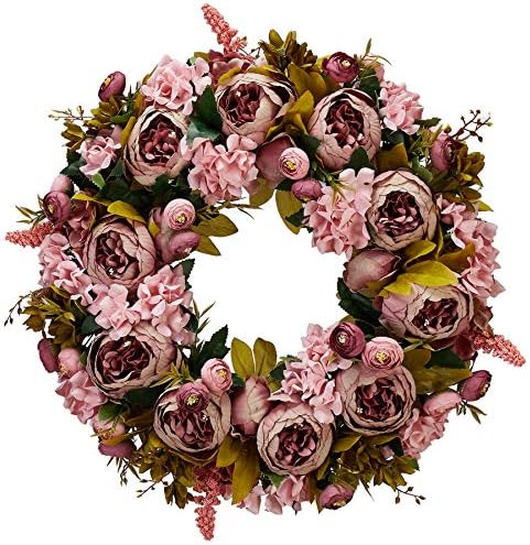 Bernice 19 Inch Artificial Flower Peony Wreath Blooming Silk Flower Retro Peonies Wreath for Outdoor Front Door Indoor Wall Or Window Décor
