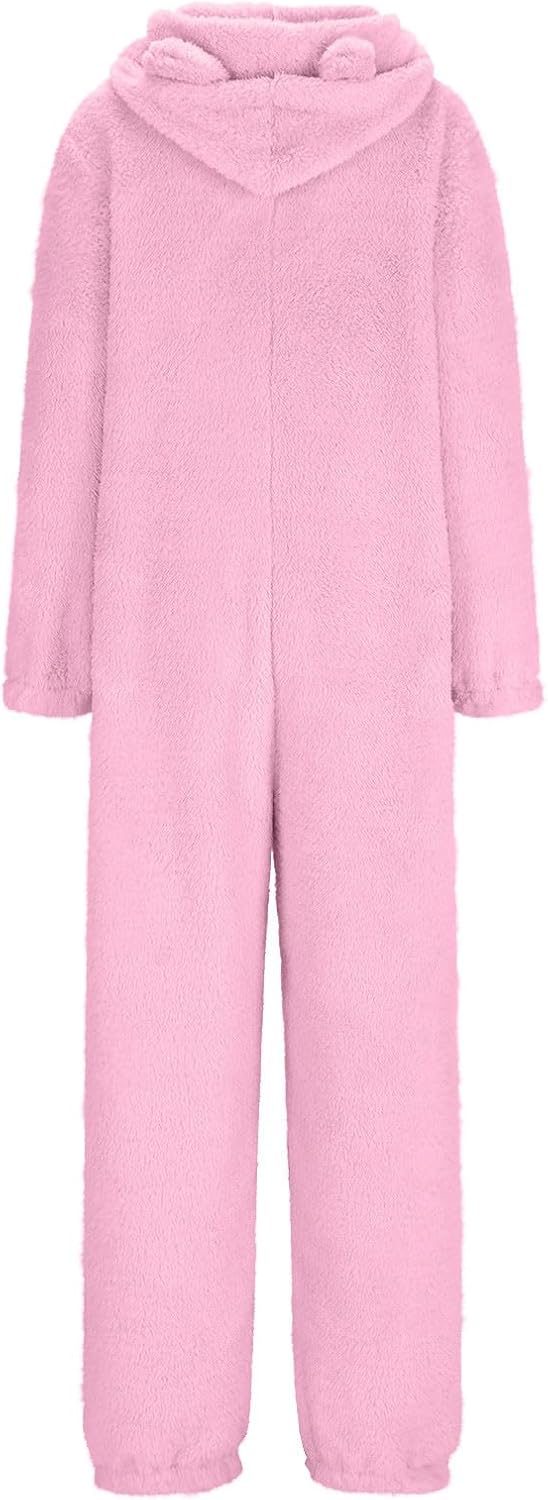 Adult One Piece Pajamas Women Sherpa Lined Jumpsuits Fuzzy Fleece Romper Cute Hooded Pajama Winter Warm Loungewear