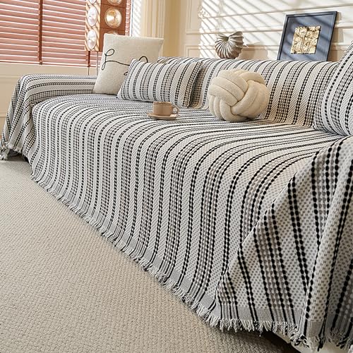 Funda de sofá de chenilla a rayas boho gris de 180x380 cm lavable 2