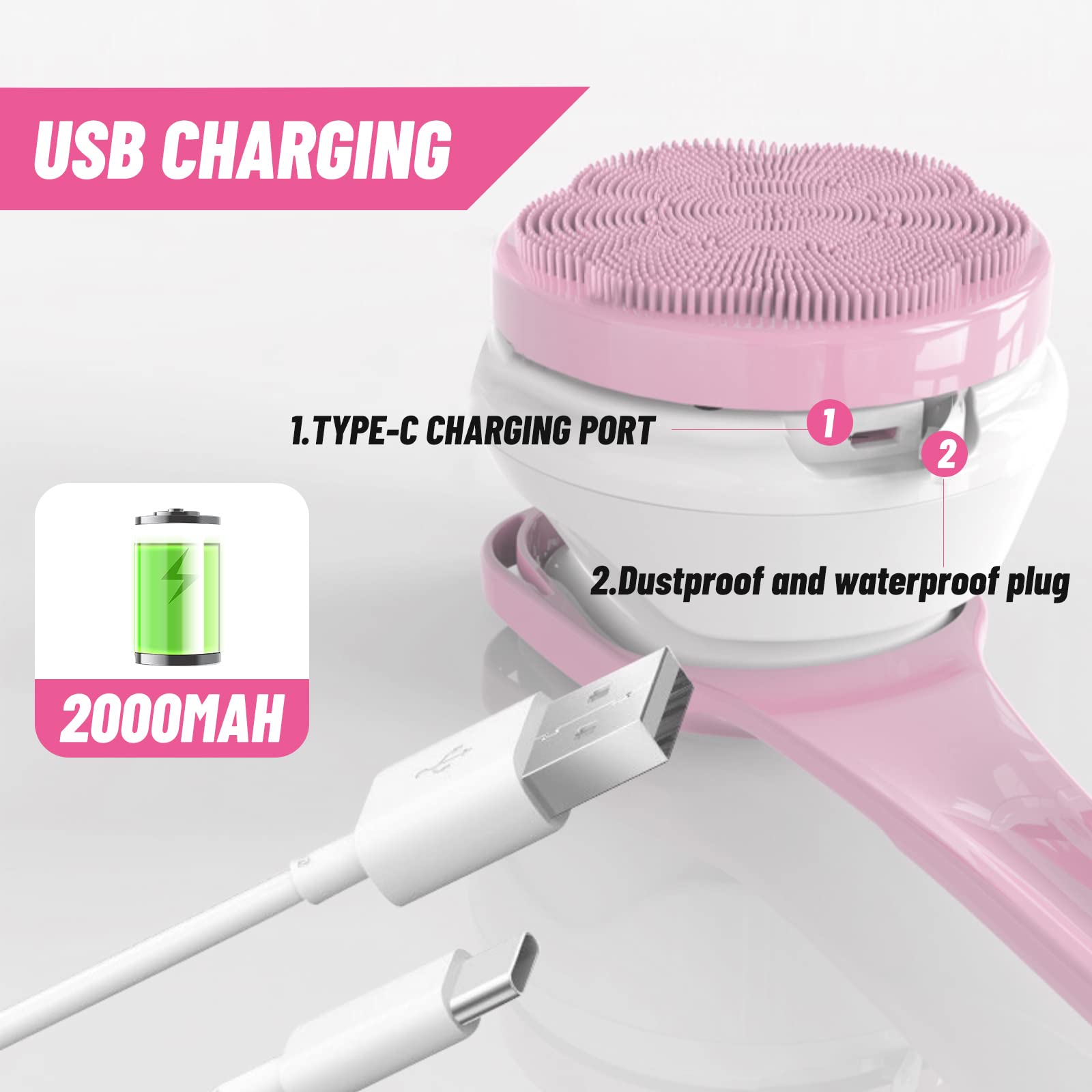 Cepillo Eléctrico para el Cuerpo,kit de Cepillo de Limpieza Corporal con 6 Cabezales de Cepillo,Cepillo de Ducha Recargable con Mango Largo,Baño Cepillo para Masaje Exfoliante Depurador (Rosa)