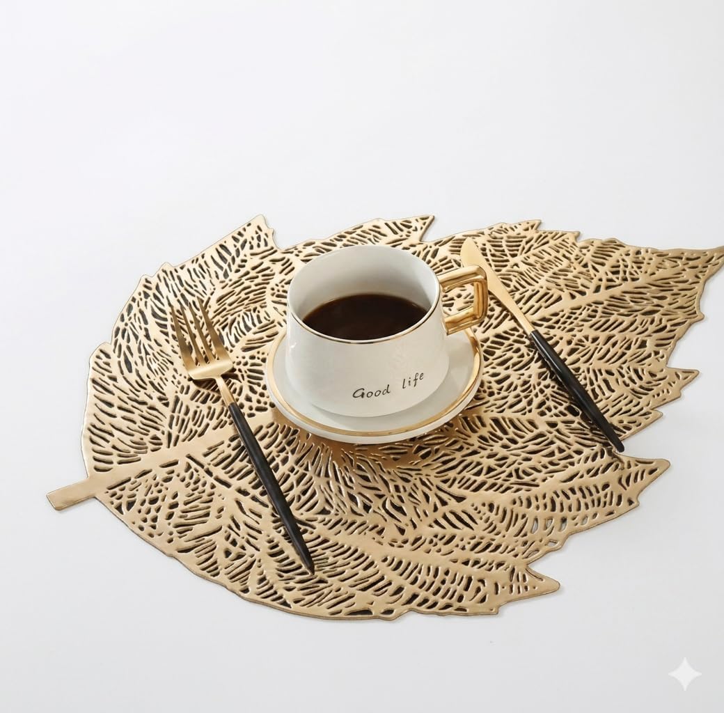 Leaf Shape Dining Table Placemats PVC Mats (6, Golden)