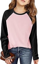 Haloumoning Kids Girls T Shirts Casual Raglan Long Sleeve Tee Crewneck Color Block Cute Fall Blouses Tops 5-14 Years